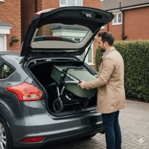 A demonstration of the UPPAbaby Vista V2 folded flat, fitting inside a standard UK hatchback car boot.