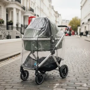 The UPPAbaby Vista V2 with the included raincover and insect net fitted, ready for British weather.