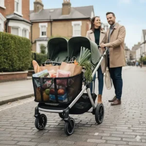 Close-up of the large under-seat shopping basket on the Vista V2, filled with grocery bags.