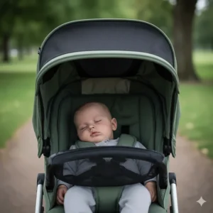 The Vista V2 extendable zip-out hood providing UPF 50+ sun protection and ventilation for a sleeping baby.