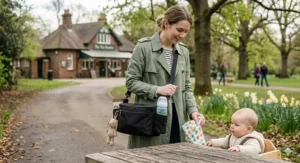 A versatile pram organiser being used as a detachable shoulder bag by a parent at a cafe.