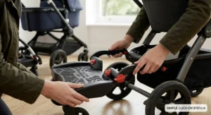 A parent easily clicking a buggy board into place without needing extra tools.