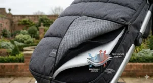 A high-resolution photorealistic technical cross-section showing the layered construction of a breathable pram footmuff fabric, with micro-mesh and quilted materials that allow ventilation for temperature control.