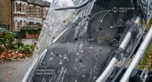 Close-up illustration of a pram rain cover showing circular ventilation ports designed to maintain airflow and prevent condensation for the baby's comfort.