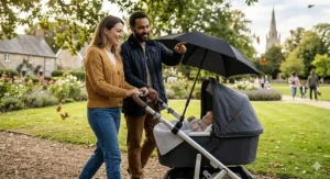 A breathable sun shade parasol positioned to allow airflow while protecting a baby from direct sunlight.