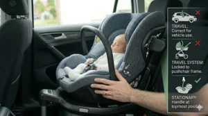Diagram showing the correct carry handle positions for a newborn car seat during travel and when stationary.
