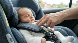 Close-up illustration showing the two-finger gap test to ensure a newborn's harness is tightened correctly.