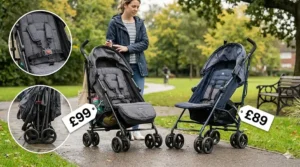 A side-by-side comparison of two cheap pushchair models with pound sterling price tags, highlighting UK market value.
