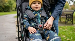 A detailed close-up of a secure five-point safety harness on an affordable charcoal grey pushchair.