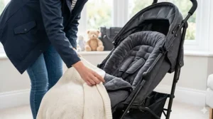 The interior of a cheap pushchair in a lie-flat position with a cosy cellular blanket, showing suitability for newborns.