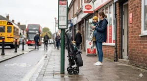 A slim, cheap pushchair folded next to a bus stop on a narrow UK pavement, demonstrating urban manoeuvrability.