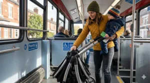 A folded compact pushchair fitting easily into the boot of a small British hatchback car.