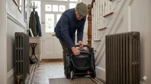A compact-folding pushchair tucked neatly into a narrow British terrace house hallway.