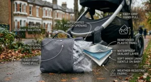 A compact, grey storage bag containing a folded pram rain cover sitting on a wet pavement next to a pushchair wheel.