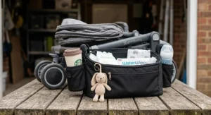 A slim-profile pram organiser remaining attached to a compact-fold umbrella stroller.