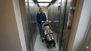 A mother and toddler inside a small stainless steel residential lift in a UK apartment block, with a narrow pushchair fitting comfortably inside the tight space.