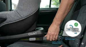 A photorealistic technical illustration showing the alternative non-ISOFIX installation method, maintaining texture continuity with the grey melange fabric.