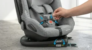 A photorealistic technical illustration demonstrating the correct tensioning of a five-point newborn car seat harness using blue directional arrows and a tension gauge.