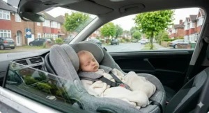 A photorealistic 4K illustration showing a sleeping newborn in a correctly reclined infant carrier to ensure an open airway and supported spine.