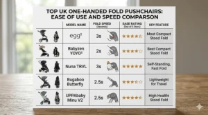 A comparison chart showing fold speed and ease for the top one-handed fold pushchairs in the UK.