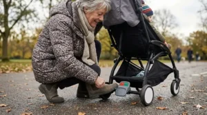 A clear view of a simple, flip-flop friendly foot brake on a pushchair suitable for grandparents.