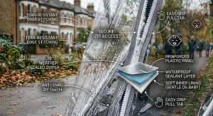 A detailed view of a weather-sealed zip on a pushchair rain cover, highlighting easy-grip pull tabs and a soft, protective inner lining.