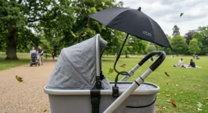 Demonstration of a flexible neck on a pram parasol being adjusted for 360 degree sun protection.