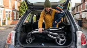 A parent quickly folding their buggy one-handed to board a busy London bus.