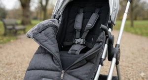 A high-resolution photorealistic close-up focusing on the central seat area of a pushchair, showing how a black five-point safety harness integrates perfectly through the stitched slots in a charcoal grey quilted footmuff.