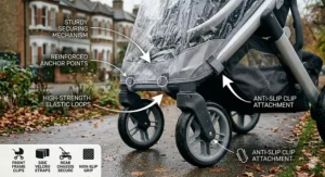 Technical illustration of the lower section of a pram rain cover showing reinforced anchor points and sturdy elastic loops for a windproof fit.