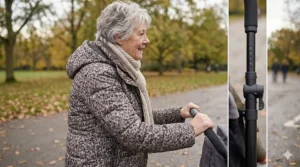 Illustration showing height-adjustable handles on a stroller to help grandparents maintain good posture.