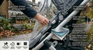 Demonstration of a hand securing a rain cover to a pram frame using adjustable Velcro straps and a frame-mounted loop patch for a secure fit.