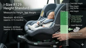 Educational graphic explaining i-Size R129 height-based regulations for newborn car seats in the UK.