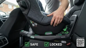 Diagram showing how to click a newborn car seat into a dedicated ISOFIX base with a green safety indicator.
