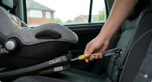 A close-up photorealistic shot showing the rigid metal ISOFIX connectors clicking into a vehicle’s anchor points, featuring a green safety confirmation indicator.