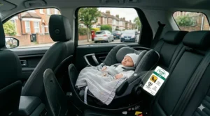 A clear diagram showing a lie-flat car seat clicking into a standard UK ISOFIX base for secure travel