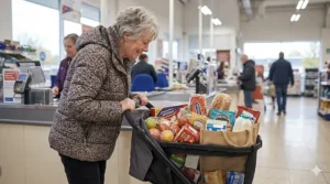 A pushchair with a large, accessible under-seat basket filled with groceries from a UK supermarket.