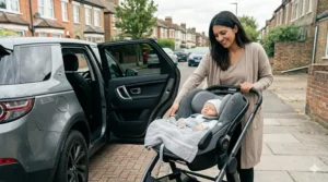 A lie-flat car seat attached to a British-style pushchair chassis, demonstrating its use as a travel system in a park.