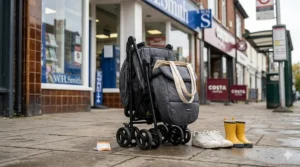 A compact, folded cheap pushchair standing on a British high street pavement, showcasing its small footprint for travel.