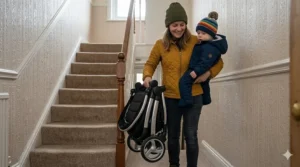 A person carrying a folded lightweight pushchair up a flight of stairs in a UK terrace house.