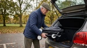 A grandfather lifting a lightweight pushchair into the boot of a small hatchback car.