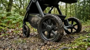 Close-up of puncture-proof rubber tyres and advanced suspension on a long-lasting pushchair suitable for UK pavements and woodland walks.