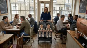 A mother manoeuvring a narrow side-by-side double pushchair with two toddlers between closely set vintage wooden tables in a busy British high street coffee shop.