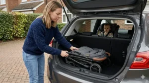 A mother placing a folded, compact narrow pushchair into the small boot of a Ford Fiesta hatchback car on a paved suburban UK driveway.