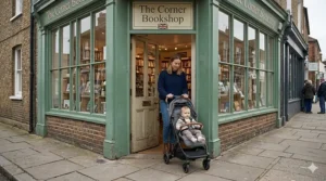 A mother and toddler navigating a compact narrow pushchair through a small, charming high street shop entrance with a traditional green wooden facade and a sign reading The Corner Bookshop.