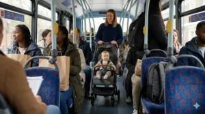 A mother and toddler navigating the central aisle of a red London double-decker bus using a compact, narrow pushchair while other passengers are seated nearby.