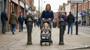 A mother pushing a narrow pushchair between two cast-iron street bollards on a busy British high street, with a red double-decker bus and a Town Centre sign in the background.