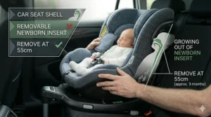 Illustration showing a removable padded insert providing extra support for a smaller infant in a car seat.