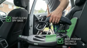 A newborn car seat being lifted from a car and clicked onto a compatible UK-style pushchair frame.