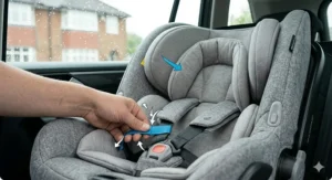 A detailed technical view of a car seat's internal safety components, highlighting the impact-absorbing shell and the specific grey melange textile weave.